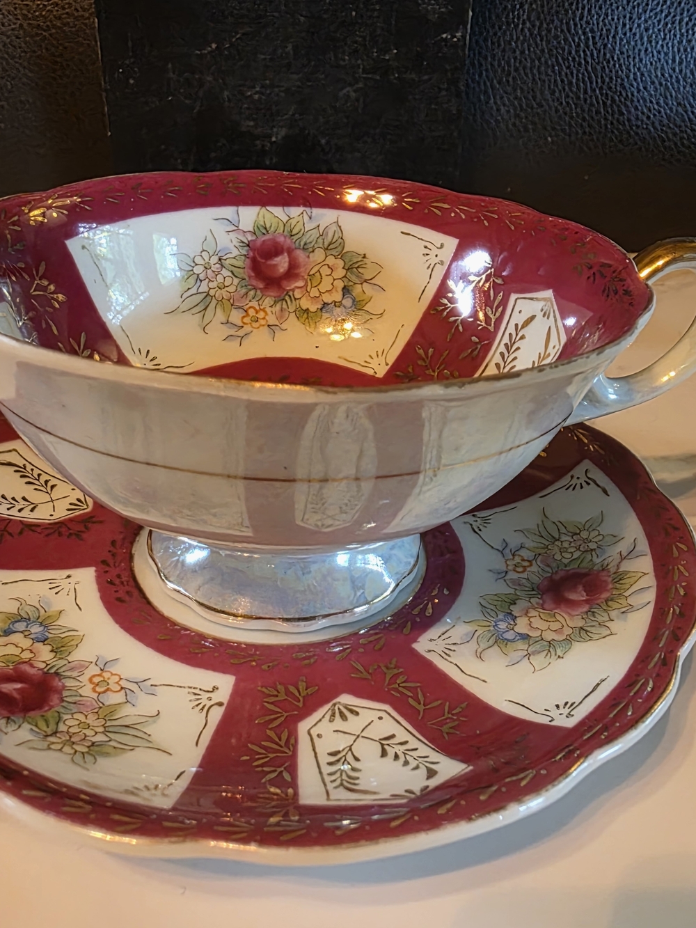 Vintage Floral Gold Trim Tea Cup and Saucer - Pink and White